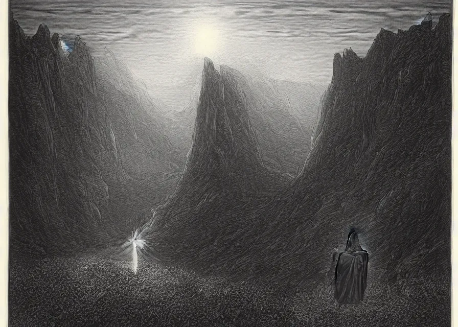 Prompt: a hooded figure in a black robe standing in a flower meadow while bright light beam is emmited from the sky onto him, flower meadow landsape in dark pits of a canyon, illustration by Gustave Dore, highly detailed 18th century black and white pencil drawing