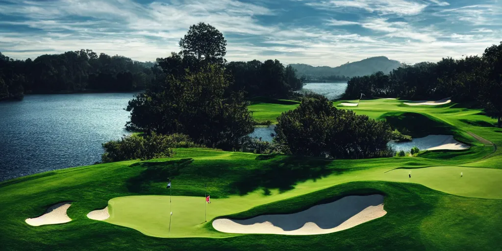 Prompt: a great photograph of the most amazing golf hole in the world completely surrounded by water, calm water, perfect light, ambient light, miniature, tilt shift lens, golf digest, top 1 0 0, fog