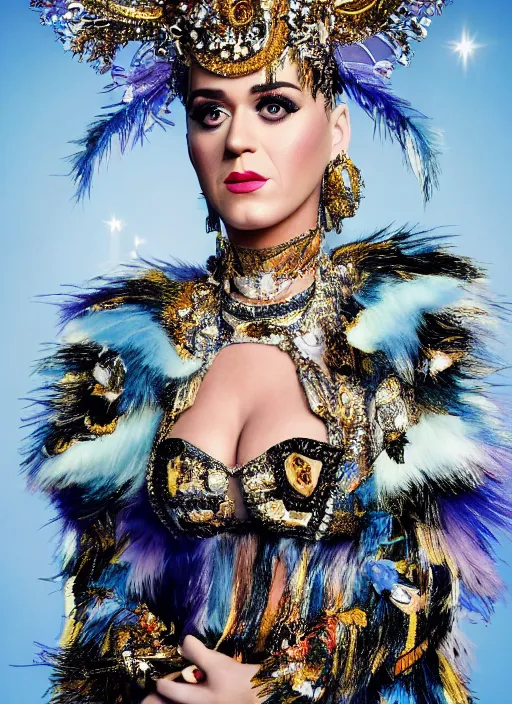 Image similar to katy perry styled by nick knight posing, full body shot, intricate headpiece, vogue magazine, canon, highly realistic. high resolution. highly detailed. dramatic. 8 k. 4 k.