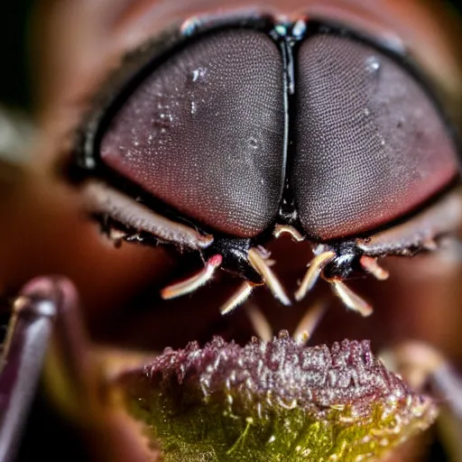 Prompt: a macro photograph of a fly sticking it's tongue out