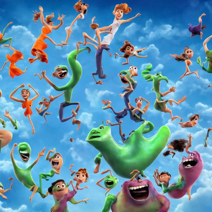 Image similar to full body shot of dancers dancing on the clouds, 3 d animated pixar!! illumination studios animated movie by pete docter, extremely happy smiling and eerie smiles, slimy fluid liquid