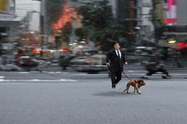 Image similar to cinematography action movie closeup portrait of a Japanese business man carrying his dog running from an explosion in Tokyo by Emmanuel Lubezki