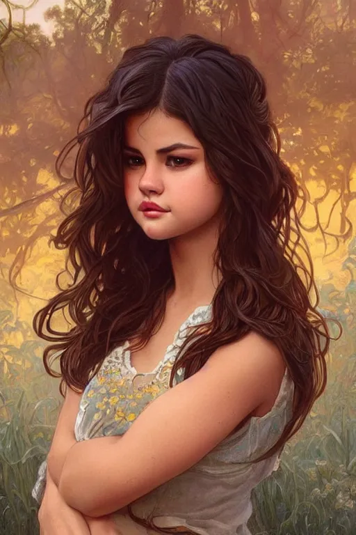 Image similar to very beautiful cottagecore selena gomez!!, intricate, stunning, highly detailed, digital painting, artstation, concept art, smooth, sharp, focus, illustration, art by artgerm and greg rutkowski and alphonse mucha