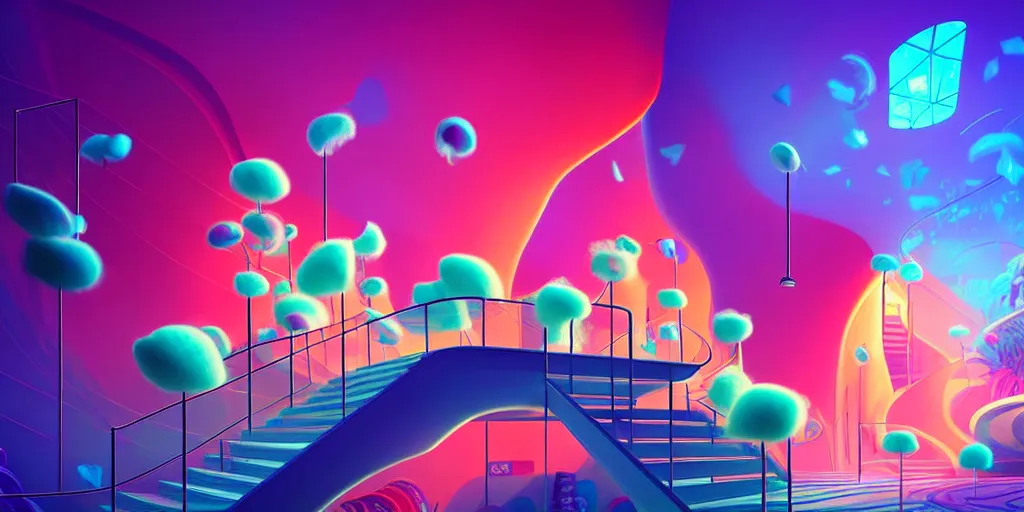 Prompt: minimalistic extreme wide angle curved perspective digital art of sss chubby cotton candy indoor casino, one staircase, with curly plants by anton fadeev, lorax movie, underwater smoke