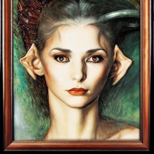 Image similar to head and shoulders portrait of a female elf sorcerer, royo, klimt, miro, vallejo, frazetta, giger, whealan