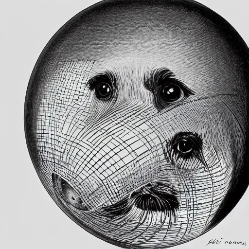 Image similar to self portrait of a havanese dog reflecting into a chrome sphere held by a dog's paw, pen on paper, by mc escher