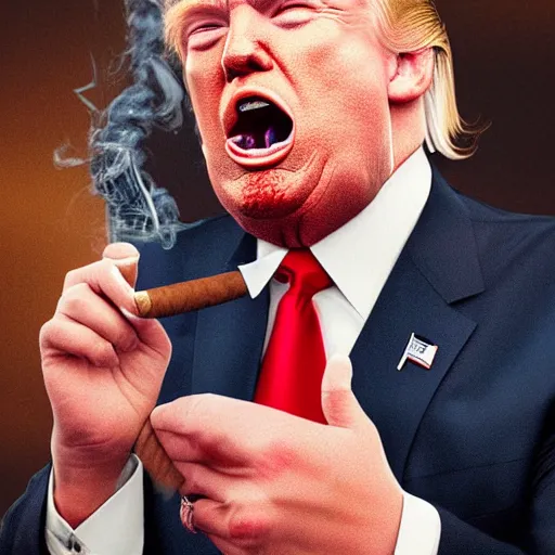 Image similar to a high quality photo of donald trump smoking a cigar, ultra realistic, artstation, cgsociety