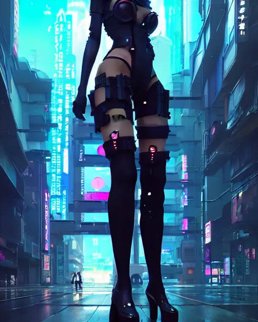 Image similar to Beautiful full body portrait of beautiful cyberpunk anime woman by Greg Rutkowski and Krenz Cushart and Pan_Ren_Wei and Hongkun_st and Bo Chen and Enze Fu and WLOP and Alex Chow, Madhouse Inc., anime style, crepuscular rays, set in rainy futuristic cyberpunk Tokyo street, dapped light, dark fantasy, feminine figure, smooth skin, gorgeous, pretty face, beautiful fashion model body, high detail, hyper realistic, cgsociety, trending on artstation