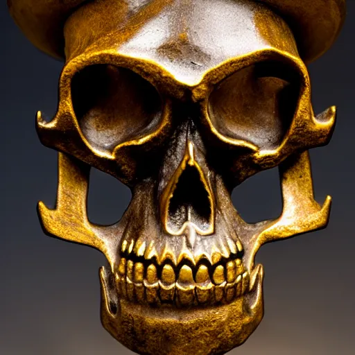 Image similar to skull with a samurai hat old bronze statue, intricate detail, full shot, museum lighting