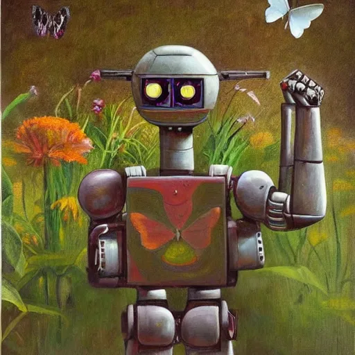 Prompt: a painting of a mecha robot in a garden looking at a butterfly on a flower, a hyperrealistic painting, a character portrait by brad kunkle, by by odd nerdrum, featured on cg society, pre - raphaelitism, figurative art, pre - raphaelite, apocalypse art, dystopian art, digital painting