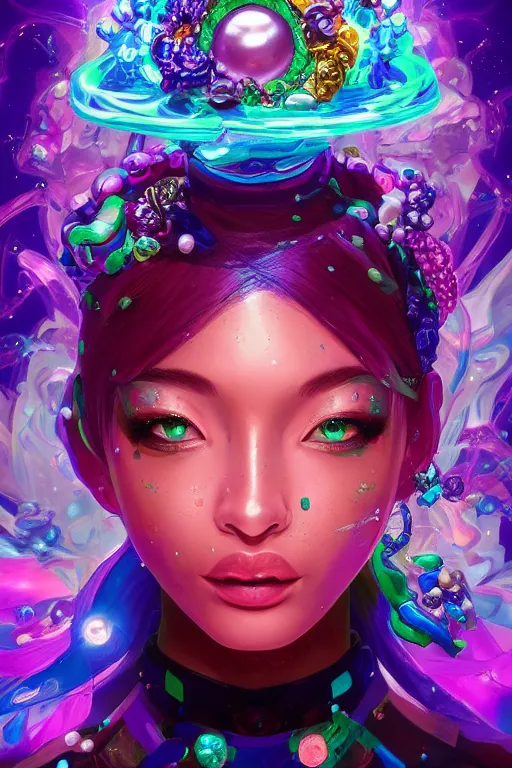 Image similar to maximalist detailed gemstone elemental portrait by adoryanti, machine. delusions, holosomnia, electrixbunny, rendered in discodiffusion. decorated with pearls and gems, behance hd. by wlop, rhads, makoto shinkai, ilya kuvshinov, igor goryunov artgerm. ray tracing hdr radiating a glowing aura