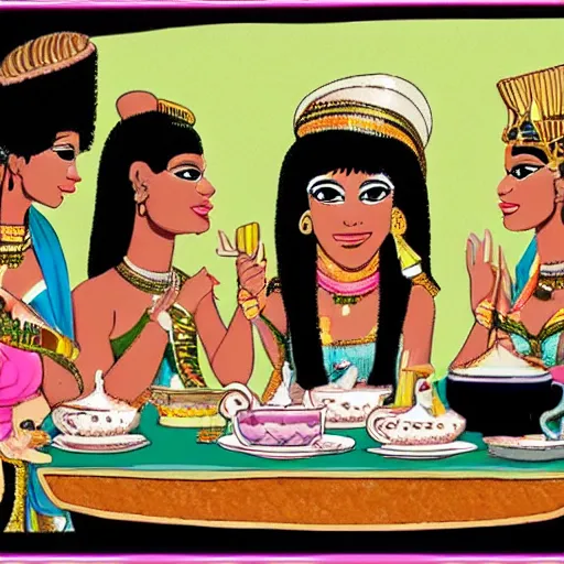 Image similar to Cleopatra and a Nile crocodile tea party, style of Hannah Barbera cartoons