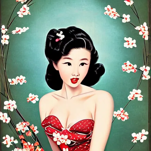 Image similar to pin - up portrait of a beautiful young chinese woman, pretty long hair, cherry blossoms, intense flirting, showing curves, symmetrical face, digital art, smooth, extremely detailed, model pose, intense look, dream, gorgeous young model, traditional beauty, pretty, by wu bayard, by gil elvgren, by ralph horsley, by hanks steve