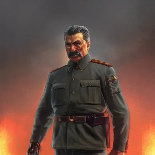 Image similar to joseph stalin as terminator, highly detailed, digital painting, artstation, concept art, matte, sharp focus, illustration, art by artgerm and greg rutkowski and alphonse mucha