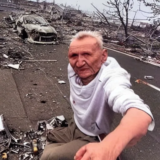 Prompt: last selfie of last alive ukrainian very damaged after a nuclear strike, a nuclear explosions in the background, 2 0 2 2