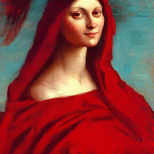 Image similar to a woman in red, dmitry spiros, leonardo da vinci, jacques - louis david, johannes vermeer, 8 k, wide angle,