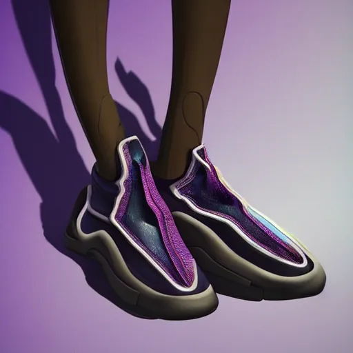 Image similar to futuristic balenciaga and vetements sneakers on gradient background, ultra rendered extreme realism and detail, 8 k, highly detailed, realistic, completely framed, pbr, giger style, hyper realistic, photorealistic, sharp focus,