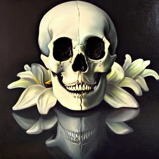 Image similar to a painting of a human skull with diamonds for eyes nestled on a bed of white lilies, dark shadowy background, in the style of a still life oil painting, gothic