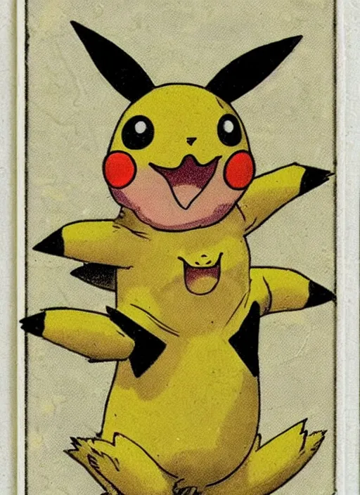 Prompt: creepy pikachu Pokémon card from the 1700s