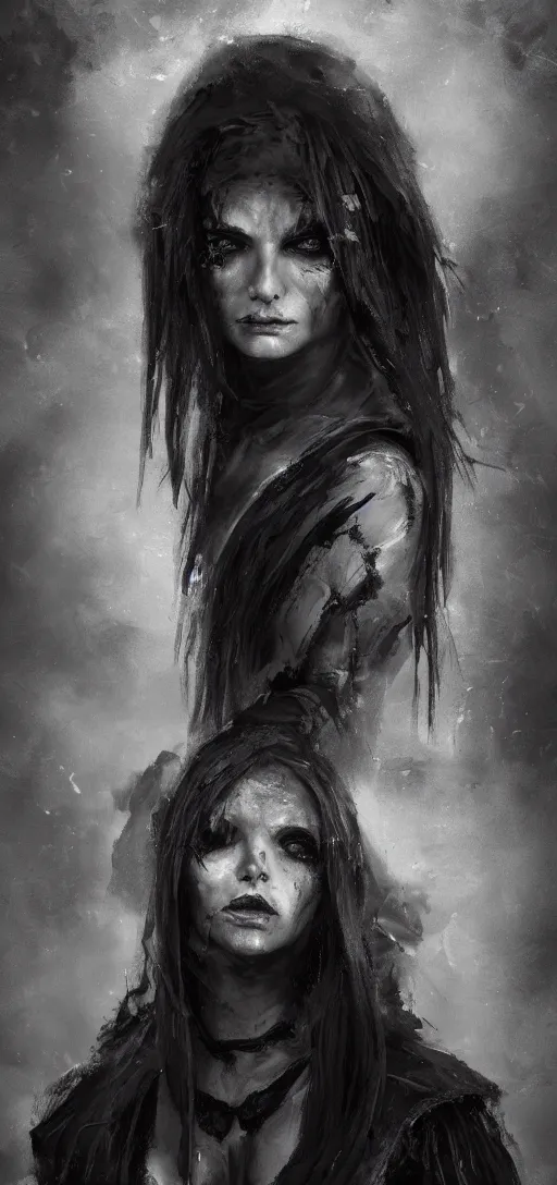 Prompt: above waist portrait of a female sorceress in dark tattered robes, oil painting, menacing look, gritty, dark monochrome hues, artstation, high detail, 4 k