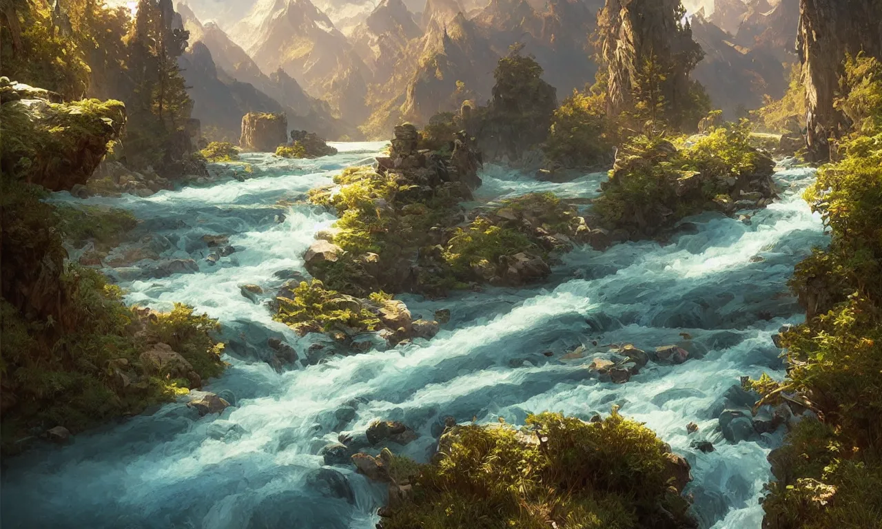 Image similar to Mountain river flows through a fantasy landscape gorge. A big blue lake in the middle of the mountains. Fabulous nature, amazing seascape, highly detailed, digital painting, artstation, concept art, smooth, sharp focus, illustration, art by greg rutkowski and alphonse mucha