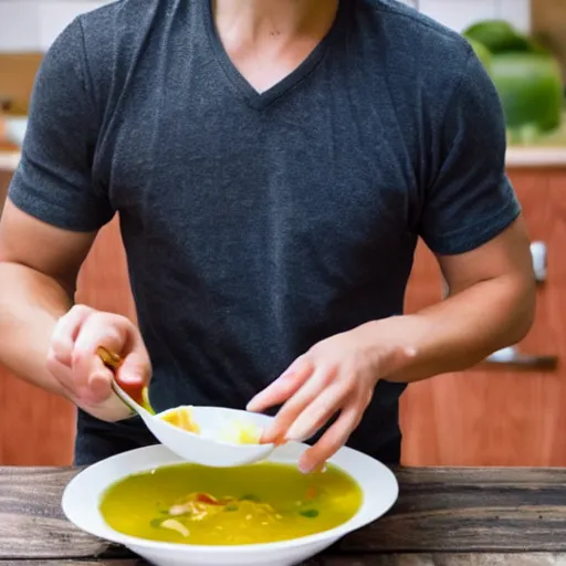 Prompt: young man eating cabbage soup