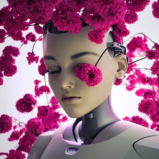 Prompt: futurustic female robot made of the most beautiful flowers , bouquets, fisheye lens, unreal 5, DAZ, hyperrealistic, octane render, dynamic lighting