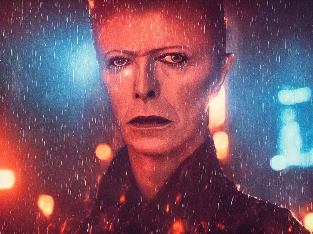 Image similar to David Bowie, close-up, film still from Blade Runner 2049, beautiful lighting, raining, neon lights, cinematic, depth, ultra-sharp details