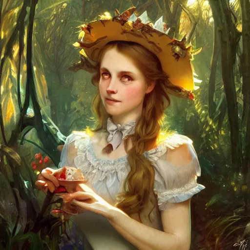 Image similar to close up portrait of alice in wonderland, magical forest, dramatic lighting, high detail, painted, by greg rutkowski, painted by stanley artgerm, painted by alphonse mucha, trending on artstation