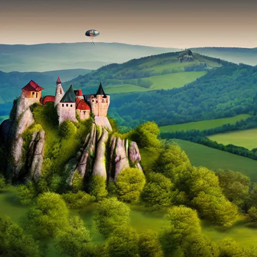 Image similar to Vast verdant valley surrounded by Transylvanian mountains, with a large zeppelin hovering in the foreground, and a ruined medieval castle on the hillside in the background. Late evening light, gloomy weather. Hyperrealistic, high quality, sharp, photography.