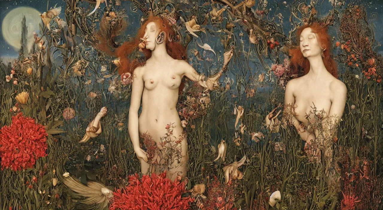 Image similar to a meditating harpy mermaid surrounded by towering bulbous flowers is transforming into a fox. her halo hair burns high into a starry sky. a river delta flows from her loins. painted by jan van eyck, max ernst, ernst haeckel. trending on artstation, 8 k, award winning, hard lighting, fashion editorial, mythology, photorealistic