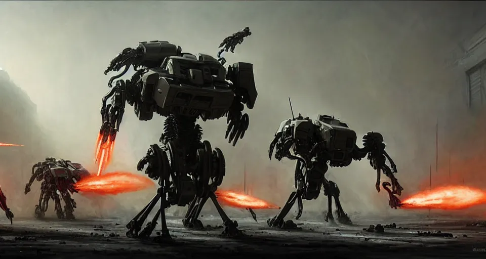 Image similar to hyper realistic sci - fi matte concept art painting of dramatic cinematic scene of humanoid zombie - flesh - battlemech, guns, missiles, explosions, beautiful details, strong composition painted by kim jung guweta studio rutkowski, james gurney and greg rutkowski, and lucasfilm, smooth, intricate, detailed, sharp focus, cinematic