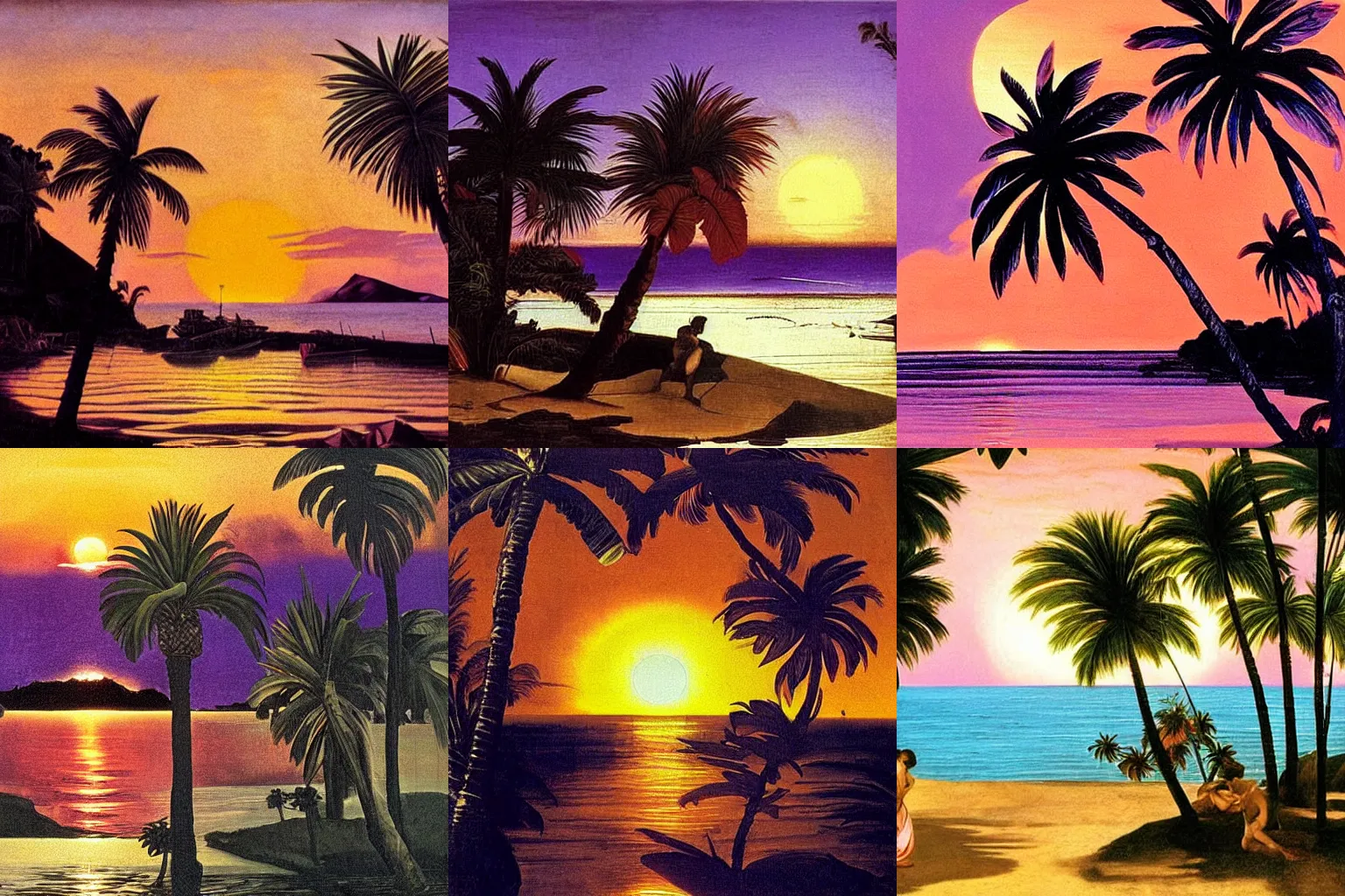 Prompt: The sun setting over an island with palm trees and a purple orange pink glow, tropical, painting by caravaggio