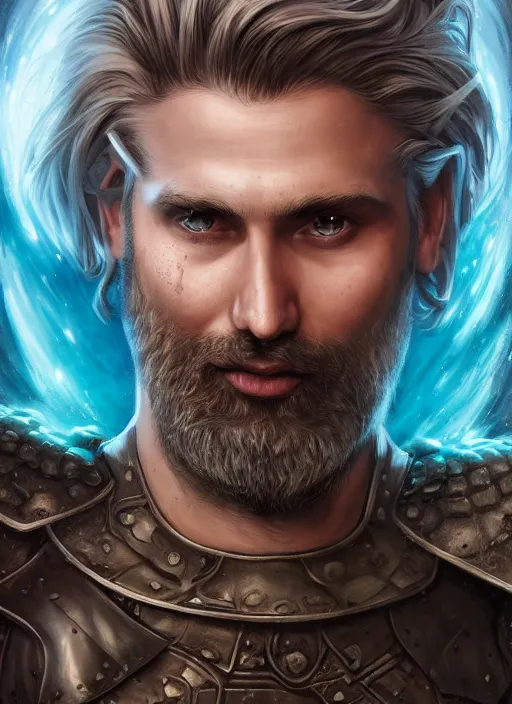 Image similar to an epic fantastic realism comic book style portrait painting of an aasimar paladin, male, shaggy silver hair, short brown beard, steve argyle, charlie bowater, mark brooks, gerald brom, d & d concept art, unreal 5, daz, teal aesthetic, octane render, cosplay, rpg portrait, dynamic lighting