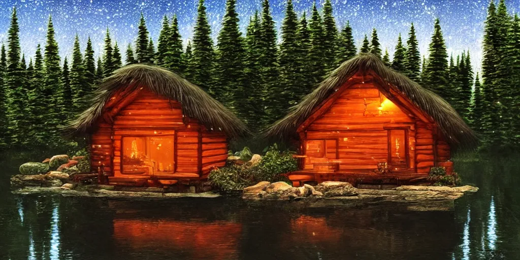 Prompt: Studio Ghibli cozy hut Alaskan lake at night, stars, reflection beautiful HD