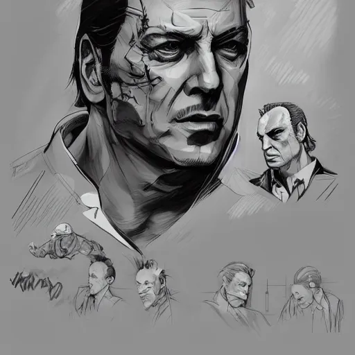 Prompt: cinematic portrait of silvio berlusconi, metal gear solid style, artwork by yoji shinkawa, illustration, black and white, concept art, intricate details, trending on artstation