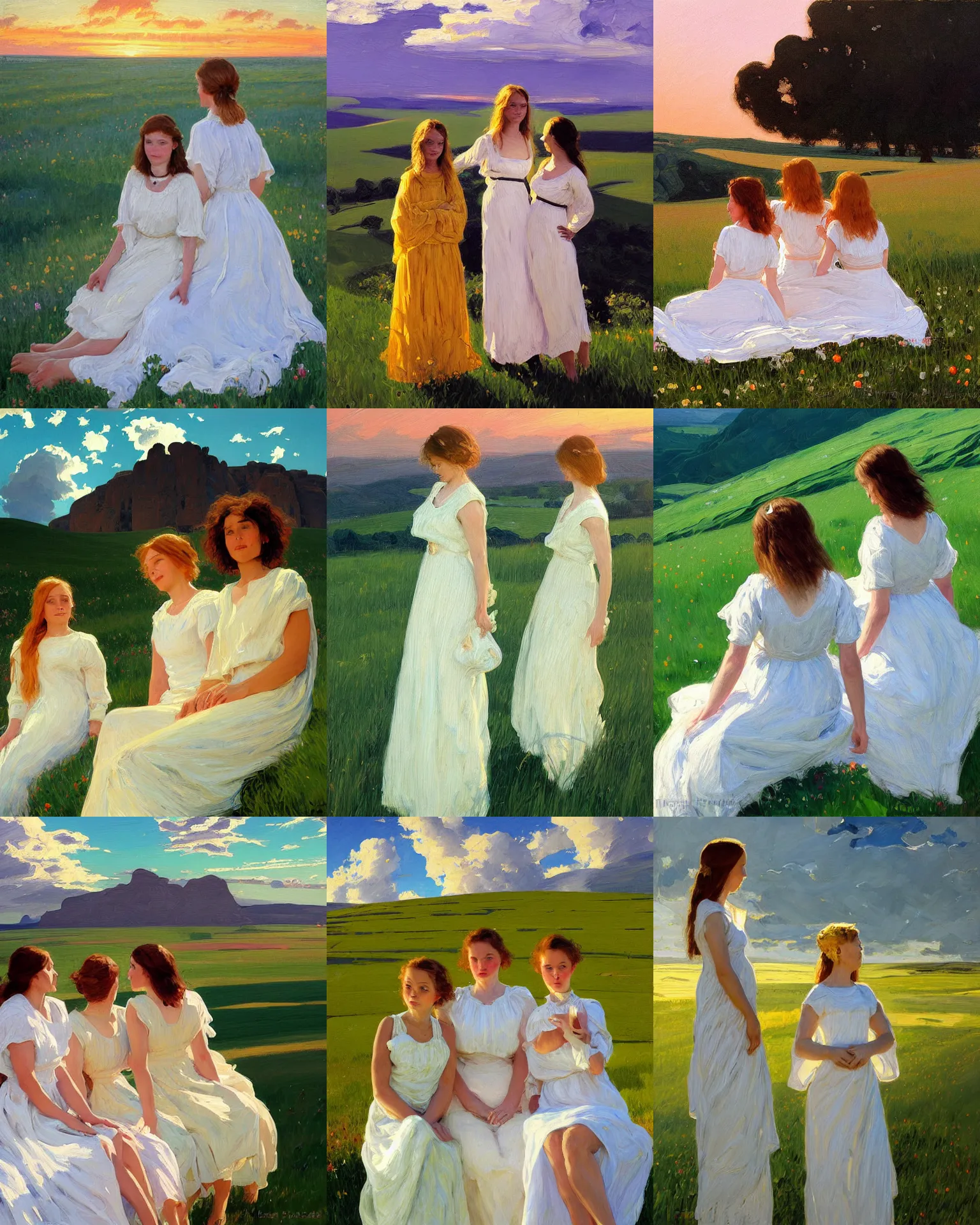 Prompt: three sitting girl in white dresses between clouds above green fields in sunset light, portrait, elegant, intricate, digital painting, artstation, concept art, smooth, sharp focus, illustration, art by ed mell and Daniel F. Gerhartz and Jacek Malczewski and gustav klimt-W 640