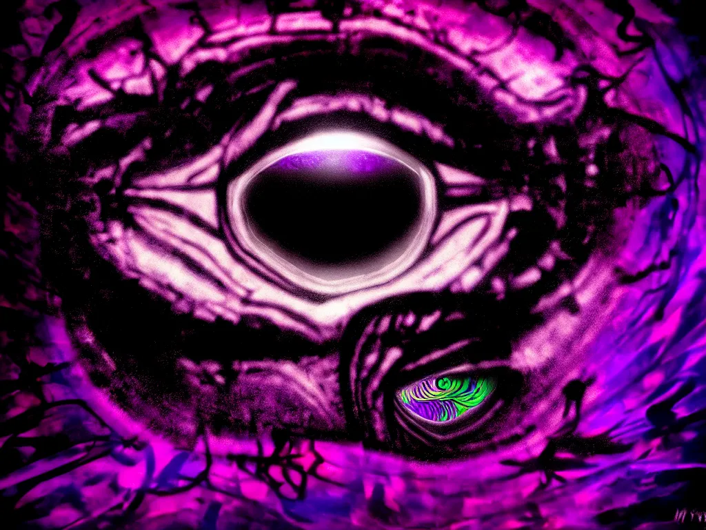 Image similar to highly detailed photo of psychedelic dilated pupil, trending on deviantart, black and purple, neo surrealism, sharp focus, a lot of little details, octane, masterpiece, art by max ernst