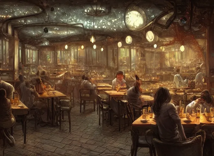Prompt: a busy restaurant in an abandoned city, cosmic horror painting, elegant intricate digital painting artstation concept art by mark brooks and brad kunkle and, extreme detailed