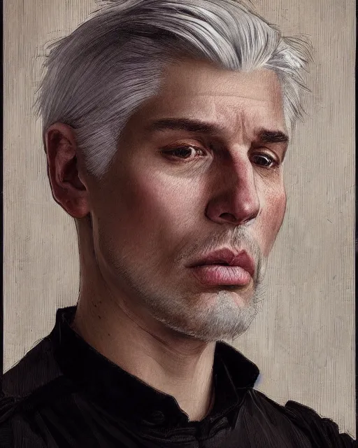 Image similar to portrait of 4 0 - year - old man with white hair with a pale complexion, pointed face and grey eyes, clear smooth face, no beard, wearing all black clothes, haughty facial expression, hyper realistic face, beautiful eyes, close up, fantasy art, in the style of greg rutkowski, intricate, alphonse mucha, hyper detailed, smooth