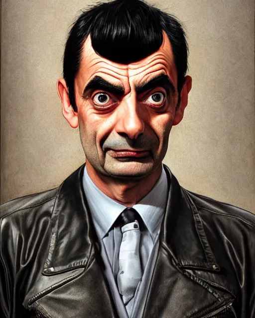 Prompt: portrait of mr bean, gritty, dark, wearing a leather jacket very detailed eyes, hyperrealistic, very detailed painting by Glenn Fabry, by Joao Ruas, by Artgerm