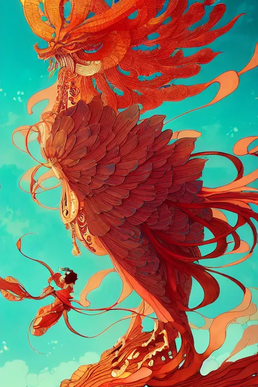 Image similar to a beautiful hyperdetailed character design 4 k wallpaper illustration of a huge reddish phoenix, victo ngai style, from china, style of studio ghibli, makoto shinkai, raphael lacoste, louis comfort tiffany, denoise, deblurring, artgerm, xision, james jean, ross tran, chinese style