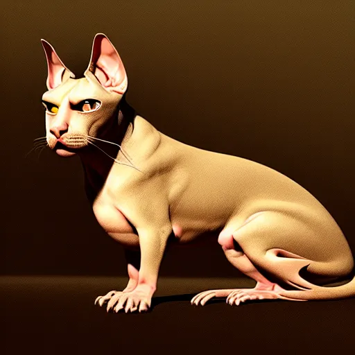 Image similar to Hybrid of a Pitbull and a sphinx cat, beautiful, golden hour, sharp focus, ultra detailed, cgsociety