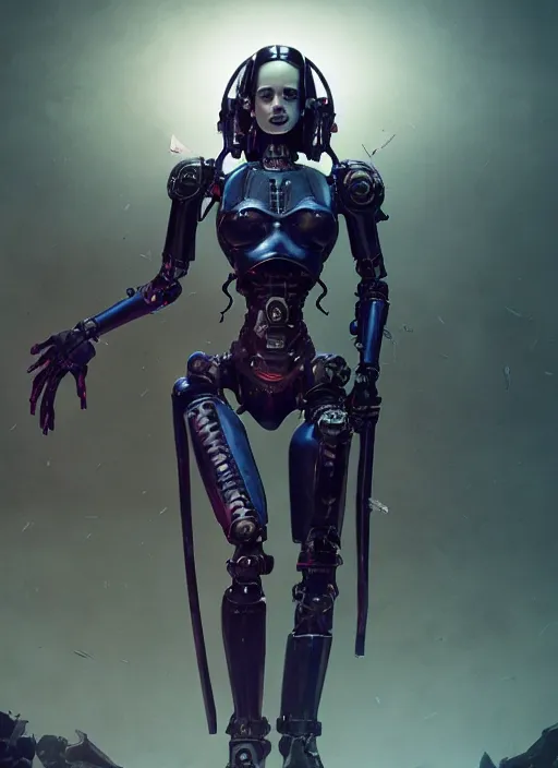 Image similar to hyper realistic photography of heroic warhammer machine robotic android girl, eva green, wednesday addams, cinematic, chaos marine, artstation, cgsociety, full body greg rutkowski, james gurney, mignola, craig mullins, brom redshift, vray, octane