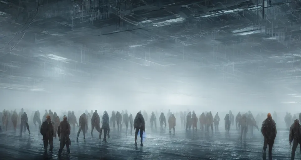 Image similar to illustration of rows of humans in cryostasis in a cold warehouse, refrigerated storage facility, rolling fog, greg rutkowski, cyberpunk, dramatic lighting, unreal engine 5, colorful