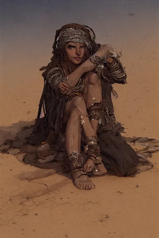 Image similar to a full body portrait of a beautiful post apocalyptic offworld desert bedouin blind barbarian leper laying by the roadside, intricate, elegant, highly detailed, digital painting, artstation, concept art, smooth, sharp focus, illustration, art by krenz cushart and artem demura and alphonse mucha