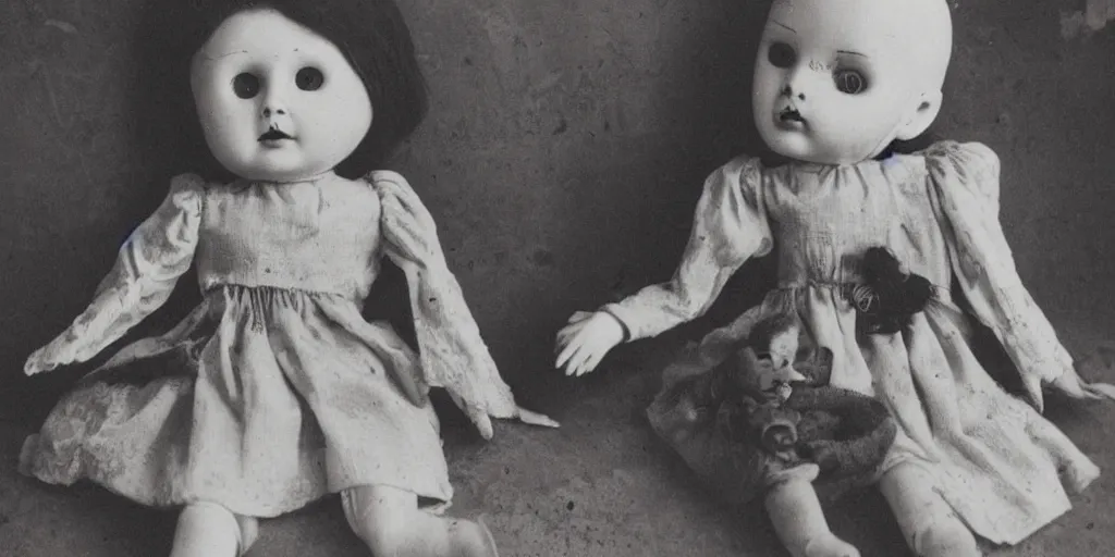 Prompt: creepy doll collection, black and white vintage photo