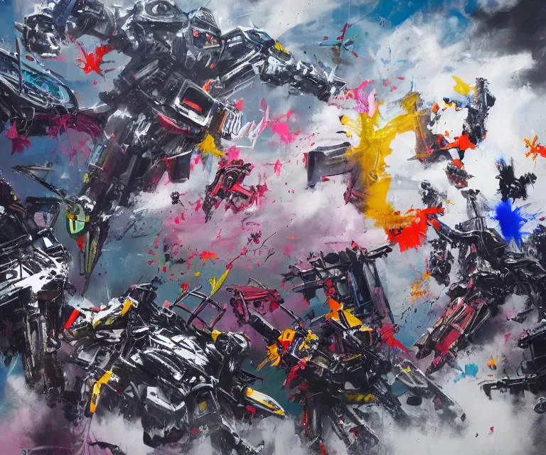 Image similar to acrylic and spraypaint concept art of a giant mechwarriors battling in space, explosions, graffiti wildstyle, large brush strokes, painting, paint drips, acrylic, clear shapes, spraypaint, smeared flowers, origami crane drawings, large triangular shapes, painting by ashley wood, totem 2, jeremy mann, masterpiece