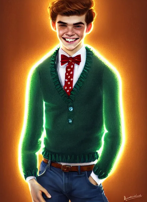 Image similar to portrait of teenage archie andrews, freckles, curly middle part haircut, curly hair, middle part hairstyle, smiling kindly, wearing a bowtie and sweater vest, intricate, elegant, glowing lights, highly detailed, digital painting, artstation, concept art, smooth, sharp focus, illustration, art by wlop, mars ravelo and greg rutkowski