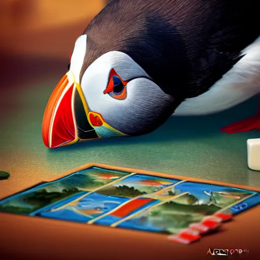 Image similar to puffin playing board game, cinematic, cinematic lighting, trending on Artstation, Cgsociety, detailed, 4k, very realistic